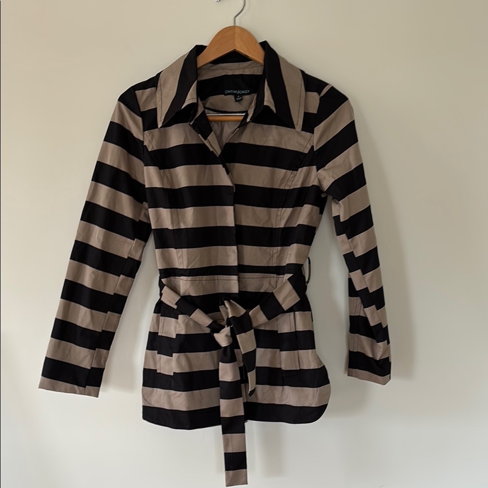 Cynthia Rowley Black and Tan Striped Belted Jacket